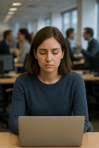 Уставшая женщина с закрытыми глазами сидит за ноутбуком в шумном офисе