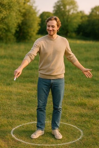 Мужчина с лёгкой улыбкой чертит круг вокруг себя на траве