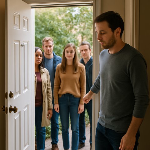 Мужчина с усталым лицом держит открытую дверь, за порогом стоят несколько человек