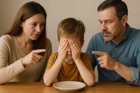 Ребёнок закрывает лицо руками, сидя за столом между родителями, которые его поучают