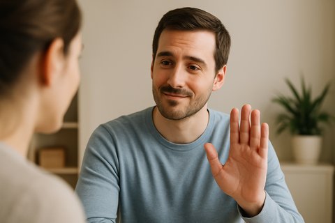 Мужчина с лёгкой улыбкой показывает ладонь в жесте вежливого отказа