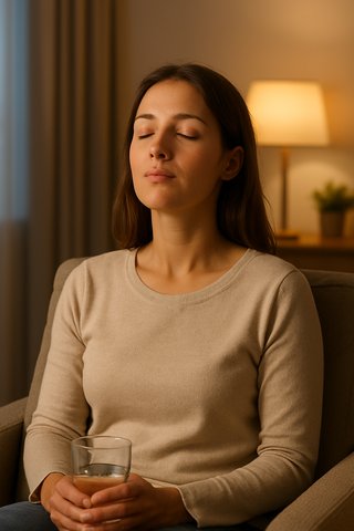 Женщина сидит в кресле с закрытыми глазами и делает глубокий вдох, пытаясь расслабиться