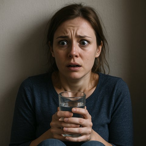Женщина сидит, прижавшись к стене, с испуганным взглядом и дрожащим стаканом воды в руках