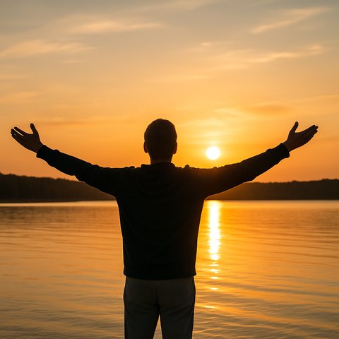 Человек стоит на берегу озера на закате, раскинув руки в стороны в ощущении свободы и облегчения