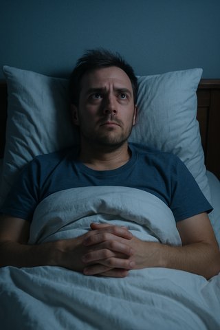 Мужчина лежит в кровати с открытыми глазами и не может уснуть из-за тревожных мыслей