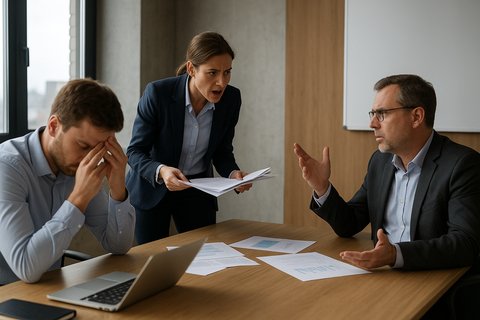 Трое в офисе по правилам в соответствии с ролями из драматического треугольника Карпмана