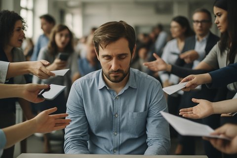 Опустошенный спасатель в офисе, а к нему все вокруг тянут руки