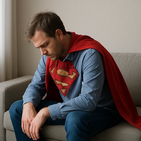 Изможденный супермэн-спасатель сидит на диване