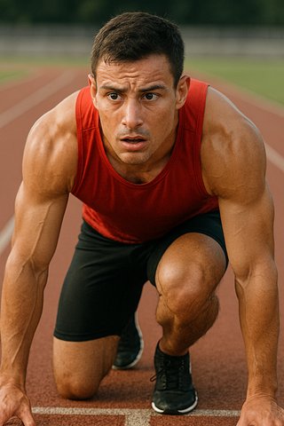 Атлет на старте бега, напряжённые мышцы, сосредоточенный взгляд, заметно волнение на лице.