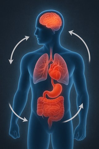 Силуэт человека с подсвеченными органами — мозг, сердце, лёгкие, мышцы и желудок, показывающий реакцию организма на стресс.