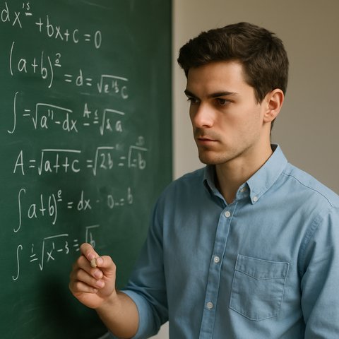 Студент у доски с мелом в руке, внимательно смотрит на написанные формулы, на лице лёгкое напряжение и сосредоточенность.