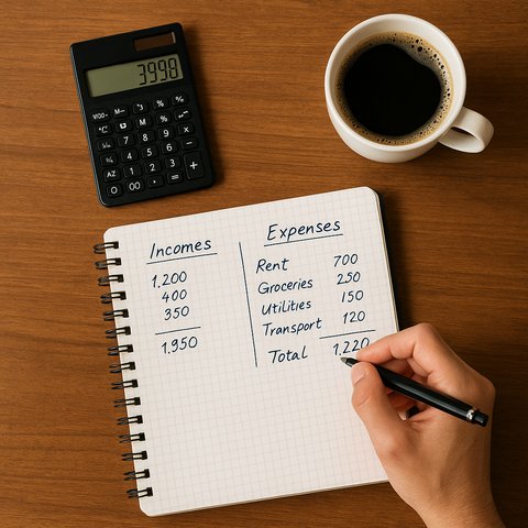 Вид сверху на стол с калькулятором, чашкой кофе и тетрадью с аккуратно записанными доходами и расходами