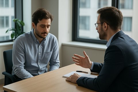 Двое мужчин за столом в офисе: один говорит уверенно, другой сидит с опущенными плечами и избегает взгляда