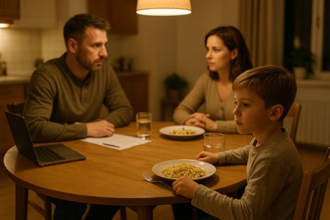 Семейный ужин: родители обсуждают деньги, а ребёнок невольно впитывает установки о финансах