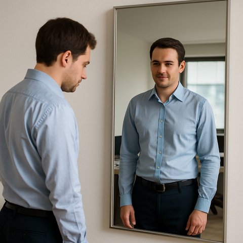Мужчина в офисной одежде смотрит в зеркало: в отражении он выглядит уверенным, а в реальности — более скованным