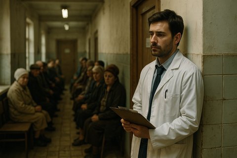 Уставший врач в белом халате прислонился к стене ветхой поликлиники, в руках медицинская карта, в коридоре ждёт очередь пациентов