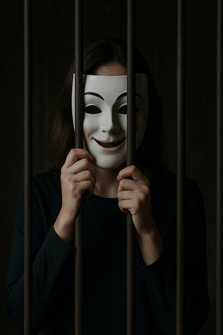 Женщина в театральной маске за тюремными решётками, символ подавленных эмоций и несвободы