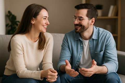 Мужчина и женщина сидят рядом на диване и разговаривают искренне, атмосфера доверия и тепла