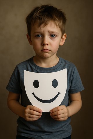 Ребёнок держит картонную маску с нарисованной улыбкой, а сам смотрит грустными глазами