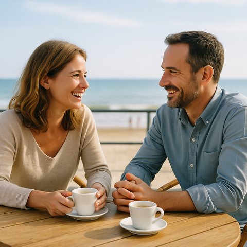 Пара сидит в кафе у моря, улыбается и спокойно разговаривает за чашкой кофе в солнечный день