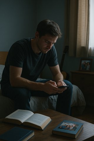 Молодой мужчина сидит один в комнате, сосредоточенно смотрит в телефон, вокруг лежат заброшенные книги и гитара — символ потери себя в отношениях