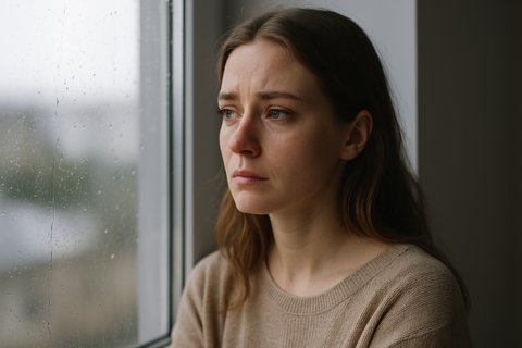 Женщина у окна со слезами на глазах после ссоры