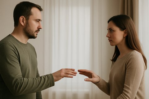 Мужчина и женщина тянутся друг к другу руками после ссоры