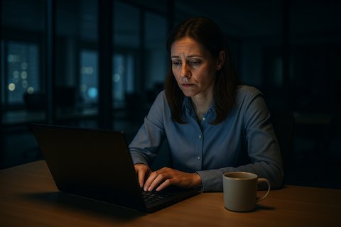 Женщина остаётся допоздна на работе, выглядит уставшей