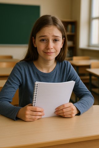 Девочка за школьной партой с тетрадкой и усталой улыбкой