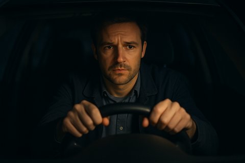 Человек сидит в машине ночью, крепко держась за руль и глядя вперёд с тревогой