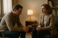 Психолог и клиент сидят в креслах, спокойно разговаривая друг с другом