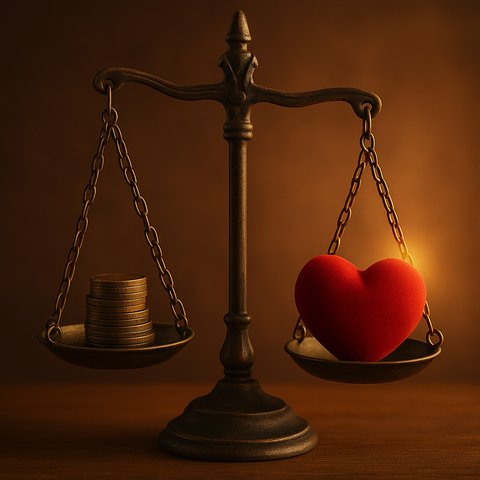Старинные весы с монетами и красным сердцем на чашах, символизирующие противовес логики и эмоций