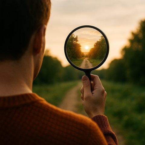 Человек стоит на дорожке и держит перед собой линзу, через которую виден тёплый и яркий пейзаж на закате