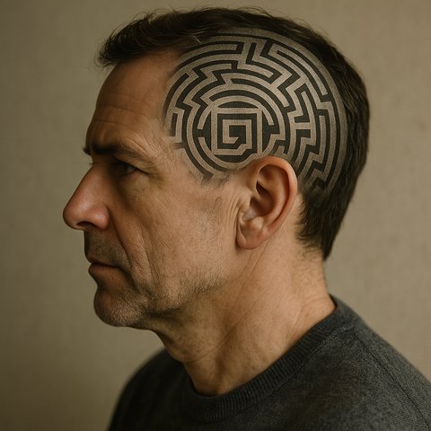 Человеческий профиль с наложением лабиринта, символизирующего сложность и искажения мышления