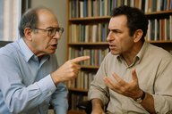 Канеман и Тверски оживлённо спорят в университетском кабинете среди книжных полок