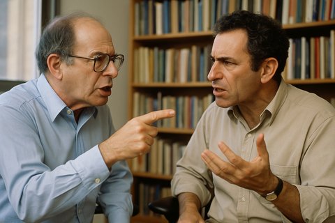 Канеман и Тверски оживлённо спорят в университетском кабинете среди книжных полок