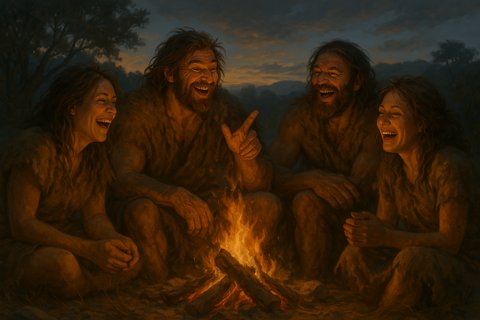 Древние люди у костра смеются, один человек жестикулирует, рассказывая историю