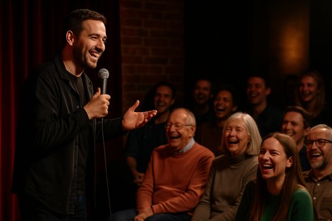 Стендап-комик выступает на сцене, публика разных возрастов смеётся