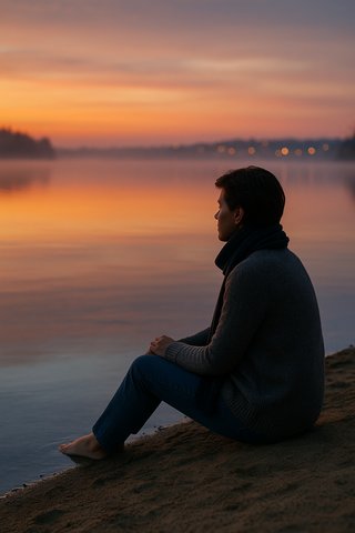 Человек у воды на закате, отражение в спокойной глади