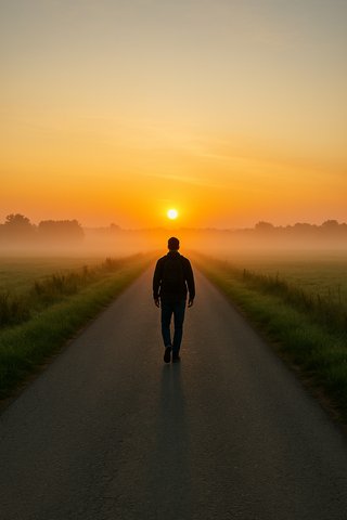 Человек идёт по выбранной дороге на рассвете к солнцу