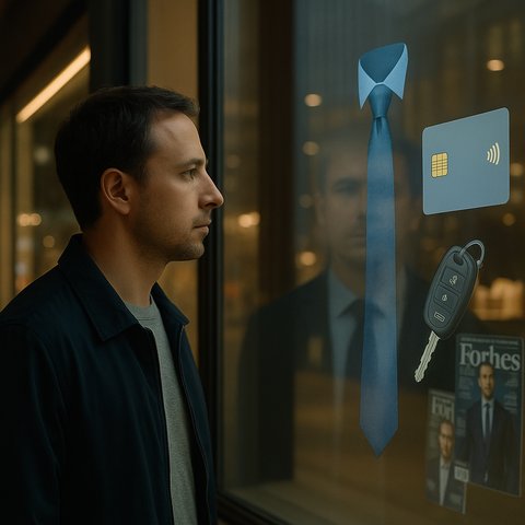 Человек у витрины, отражение — символы успеха, лицо размыто