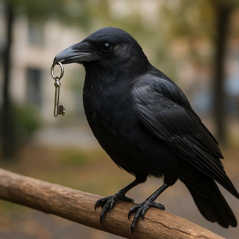 Ворона держит ключ в клюве, сидя на ветке