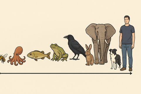 Длинная шкала с множеством животных, выстроенных по степени сложности — от простых видов к человеку