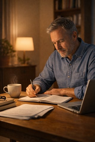 Пожилой мужчина учится дома в спокойной обстановке, делая записи за столом