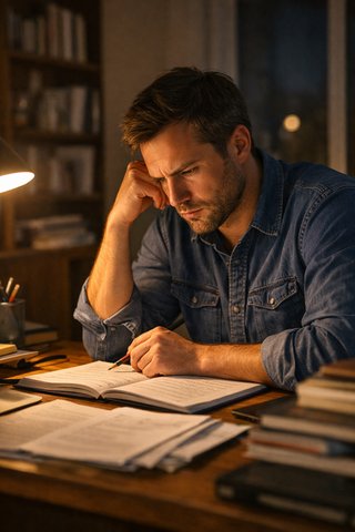 Молодой человек напряжённо занимается за столом, заставляя себя через силу вникать в материалы