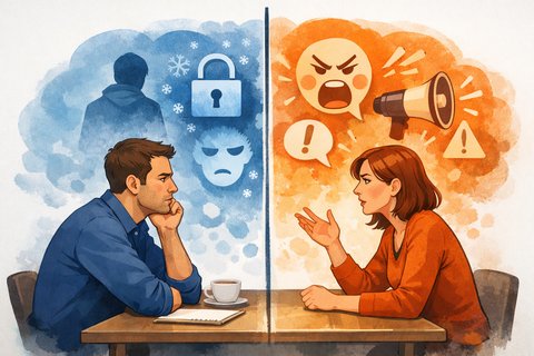 Два человека сидят напротив друг друга за столом, между ними ощущается напряжённая пауза